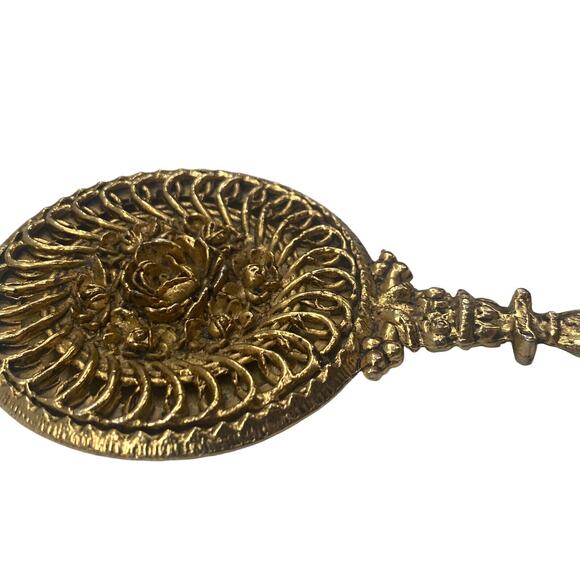 Antique Gilt Scrolled Roses Flapper Small Handheld Mirror Old Hollywood Art Deco - Picture 12 of 12